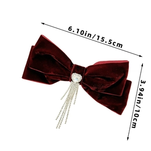 Size specifications of burgundy velvet bow hair clip with rhinestone heart and tassels