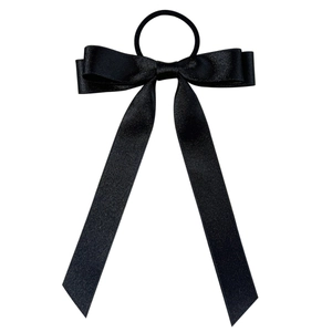 Elegant black satin bow hair tie with long ribbons for stylish women's hair accessories