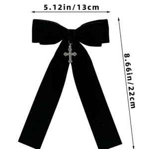 Gothic black velvet bow hair clip with silver cross pendant and size measurements