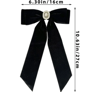 Detailed dimensions of black velvet bow hair clip with oval crystal in center