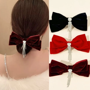 French Elegant Velvet Bow Hair Clip With Heart Rhinestone Tassel Vintage Luxurious Hair Accessory For Women Party Jewelry