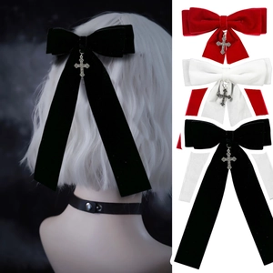 Gothic Velvet Bow Hair Clip With Cross Pendant And Long Streamer Dark Style Retro Elegant Hair Ornament For Women Party Accessory