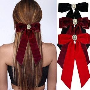 French Vintage Velvet Bow Hair Clip With Long Streamers Rhinestone Artificial Pearl Elegant Headwear Accessories For Women Daily Styling