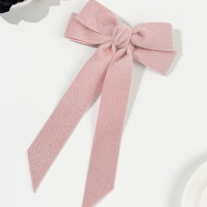 Pink plush bow hair clip with long streamers elegant autumn winter hair accessory
