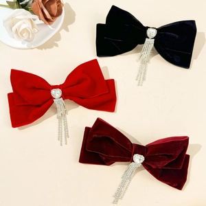 Elegant velvet bow hair clip set with heart crystal and sparkling rhinestone tassels