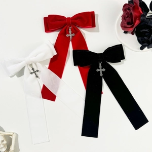 Gothic velvet bow hair clips with silver cross pendants in black, red, and white colors