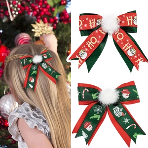 Barrettes à cheveux de Noël pour filles avec rubans rouges et verts et pompons en peluche
