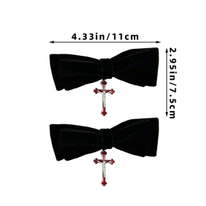 Close-up of black velvet bow hair clips with red gothic cross pendants and dimensions