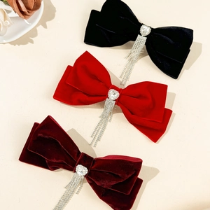 French velvet bow hair clips with heart rhinestone and long tassel fringe in three colors
