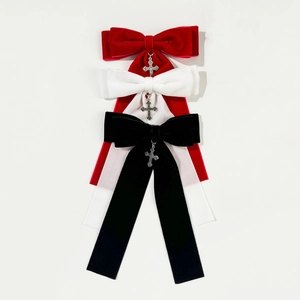 Gothic velvet bow hair clips with silver cross pendants in red, white and black colors