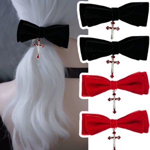Gothic Velvet Bow Hair Clip With Metal Cross Pendant Retro Dark Style Red Black Bowknot Duckbill Clip Hair Accessories