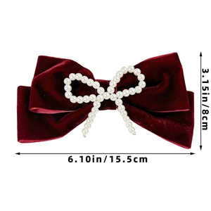 Detailed dimensions of the vintage burgundy velvet pearl bow hair clip on white background