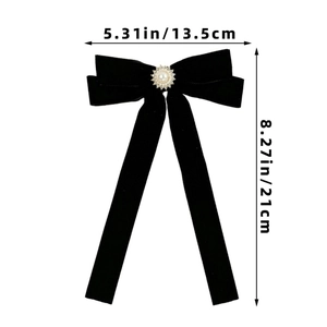 Detailed size specifications of the black velvet bow hair clip with pearl center