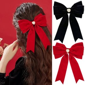 Vintage Velvet Large Bow Hair Clip With Heart Faux Artificial Pearl Rhinestone Long Ribbon Spring Clip Elegant Hair Accessory For Women