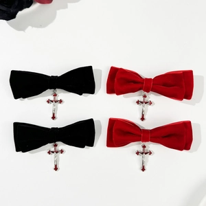 Gothic velvet bow hair clips with red enamel cross charms in red and black colors