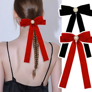 Vintage Velvet Bow Hair Clip For Women Elegant Ribbon Headpiece With Artificial Pearl Rhinestone Center Jewelry Hair Accessories
