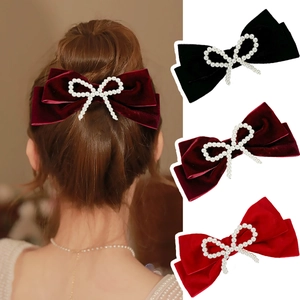 Elegant Large Velvet Bow Hair Clip With Imitation Artificial Pearls Vintage French Style Spring Clip Hair Accessory For Women Girls