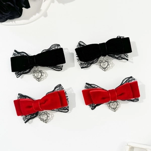 Barrettes à Cheveux Gothiques en Velours avec Nœud et Dentelle avec Pendentif Cœur Croix pour Femmes Pinces à Cheveux Rouge Noir