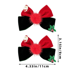 Detailed size view of red Christmas velvet bow clips with bells and Santa motifs