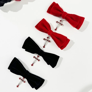 Gothic velvet bow hair clips with red cross pendants, 4-piece set in black and red