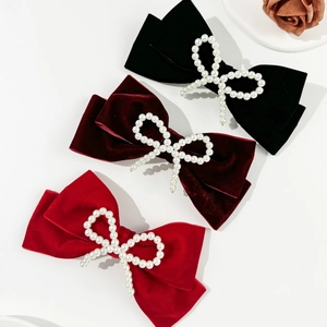 Elegant velvet bow hair clips with pearls in black, burgundy and red colors