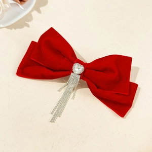 Elegant French red velvet bow hair clip with rhinestone heart and sparkling long tassels