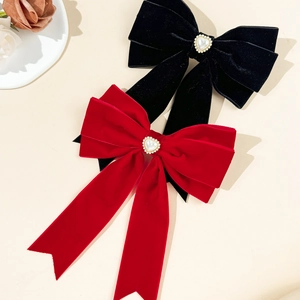 Elegant velvet bow hair clip with heart pearl pendant in red and black colors