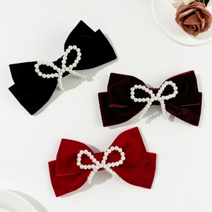 Elegant velvet bow hair clips with pearls in black, burgundy and red colors