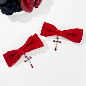 Gothic red velvet bow hair clips with silver crucifix pendants in vintage style