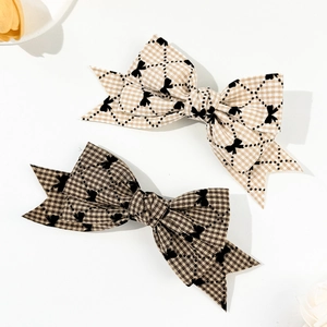 Barrettes à cheveux nœud à carreaux style britannique en beige et marron foncé