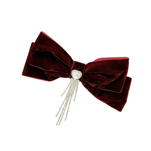 Elegant wine red velvet bow hair clip with a crystal heart and shimmering tassels