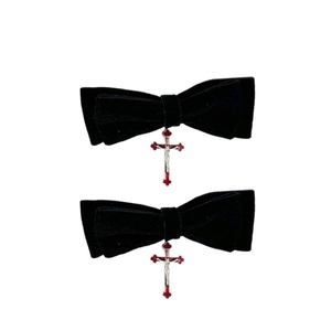 Gothic black velvet bow hair clips with red metal crucifix charms set of two