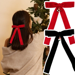 Pince à Cheveux Nœud de Noël en Velours Fait à la Main Avec Pendentif Couronne Long Ruban Pince Bec de Canard pour Femme Fête