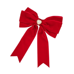 Elegant large red velvet hair bow clip with a vintage pearl heart centerpiece