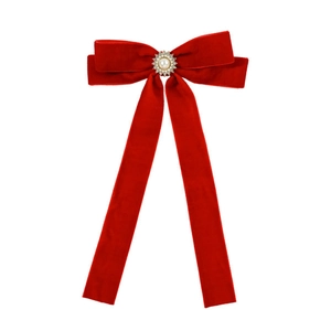 Elegant red velvet bow hair clip with large pearl, rhinestones and long streamers