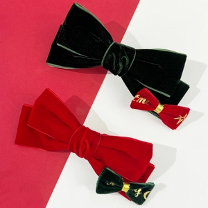 Lot de barrettes à nœuds de Noël en velours rouge et vert foncé avec broderie dorée