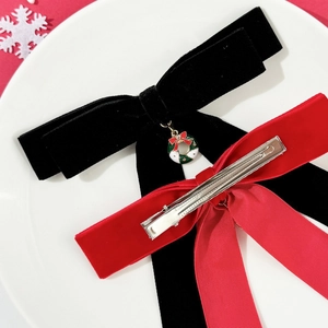 Barrettes à cheveux de Noël en velours avec longs rubans et pendentif couronne