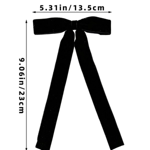 Detailed dimensions of the black velvet bow hair clip with streamers 13.5cm width and 23cm length