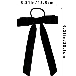 Details und Abmessungen der schwarzen Samt-Haarschleife mit langen Bändern für Damen