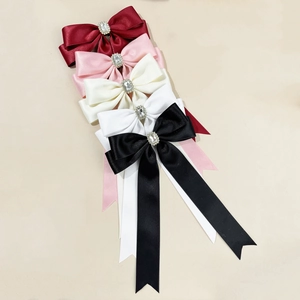Elegant rhinestone bow hair clip with long satin ribbons in five various colors