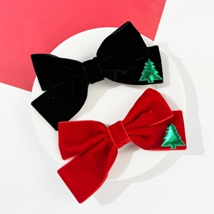 Red and black velvet Christmas bow hair clips with green sequin tree decor