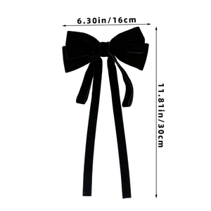 Size chart for black velvet bow hair clip with ribbons, 16cm width and 30cm height