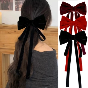 Vintage Velvet Bow Hair Clip With Long Streamers Elegant French Style Large Bowknot Spring Clip Hair Accessories For Women