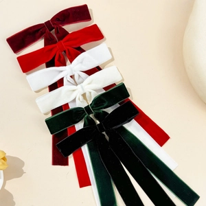 Elegant velvet bow hair clips with long streamers in six assorted vintage colors
