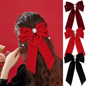 Vintage Velvet Large Bow Hair Clip For Women Ribbon Bowknot With Faux Artificial Pearl Rhinestone Elegant French Spring Clip Headwear