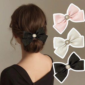 French Style Bow Hair Clip For Women Artificial Pearl Rhinestone Fabric Ribbon Hair Barrettes Elegant Duckbill Clip Hair Accessories
