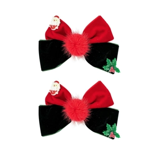 Christmas velvet hair clips set with red pompom, Santa Claus and holly leaf decoration