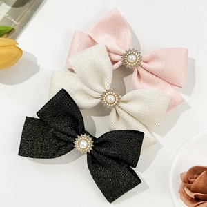 French style pearl bow hair clip set in pink, cream and black with tweed texture