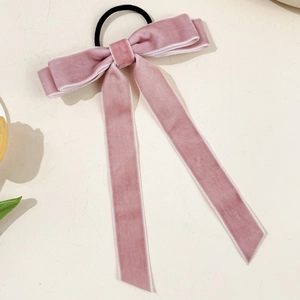 Rosa Samt-Haargummi mit Schleife und langen Bändern und elastischem schwarzem Gummiband