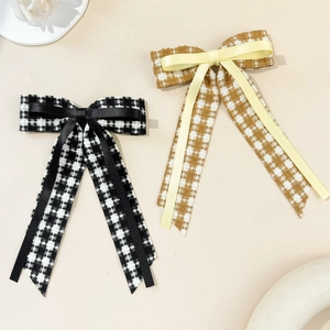 French Vintage Houndstooth Tweed Bow Hair Clip With Long Satin Ribbon Streamer Elegant Elegant Headwear For Women Hair Accessory